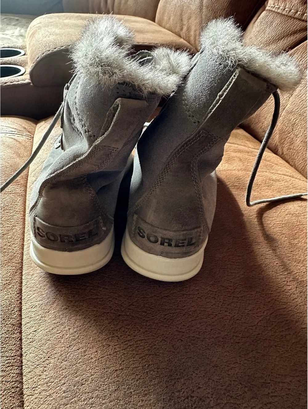 Sorel Explorer Joan Waterproof Winter Boots Grey Suede Faux Fur Women's 7.5